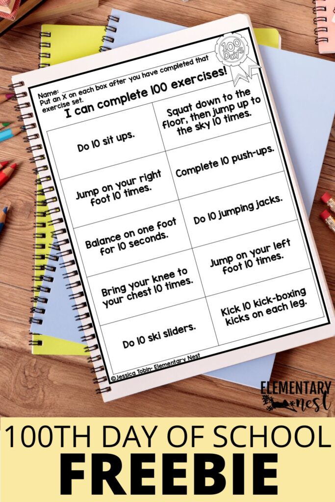 Printable exercise challenge worksheet titled “I Can Complete 100 Exercises!” with a list of movements for students.
