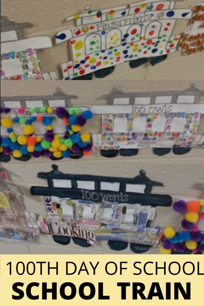 Classroom wall display of a paper train made from student projects celebrating the 100th day of school ideas.