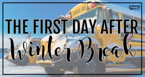 A snowy scene with school buses headed back to school with text overlay "first day back after winter break"