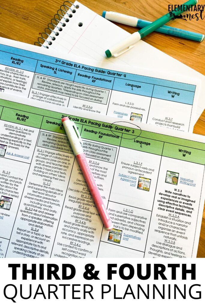 Quarter 3 and Quarter 4 pacing guides laid out with pens and a notebook for planning upcoming standards.