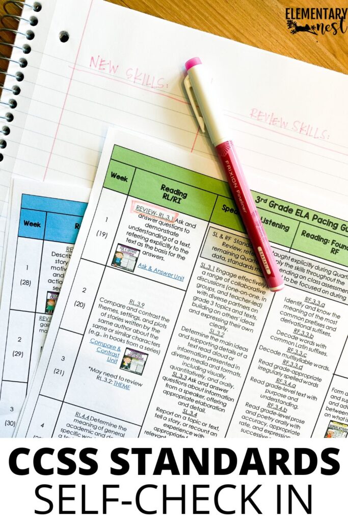 A notebook with notes about new and review skills next to CCSS pacing guides used for a teacher self check in.