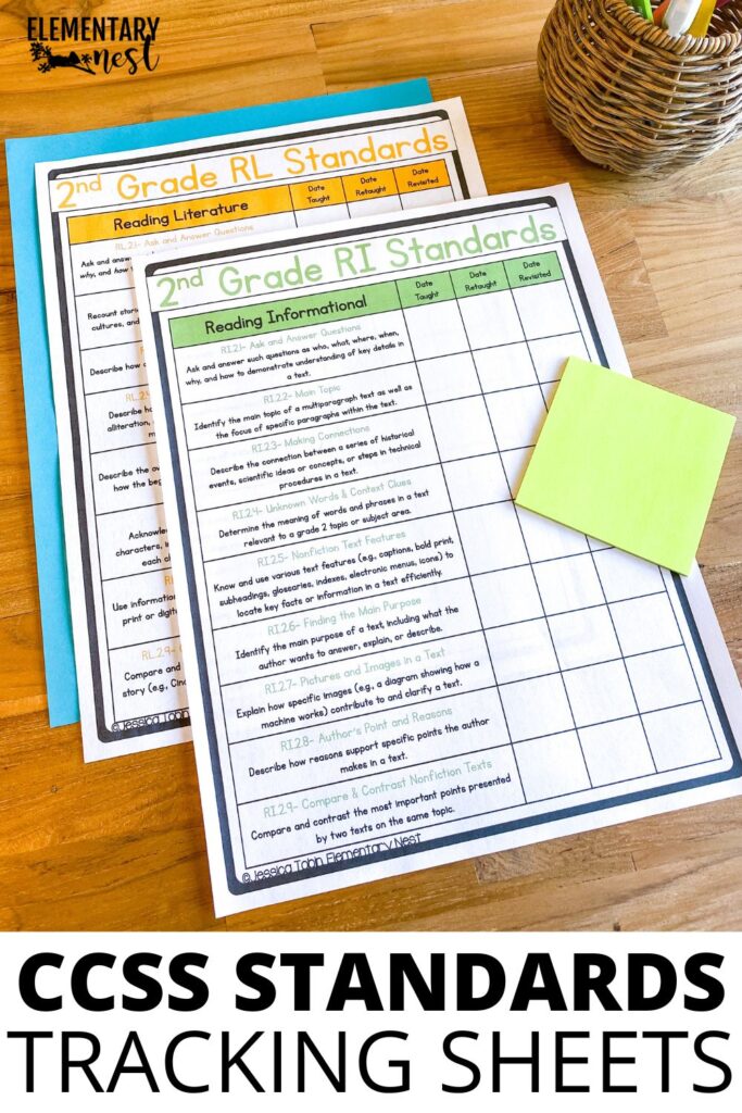 Printed CCSS reading literature and informational standards tracking sheets stacked with a sticky note on top.