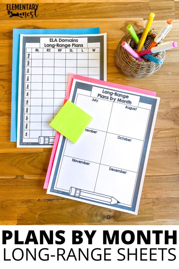 ELA long range planning sheets organized by month with colorful paper behind them and classroom supplies in a basket.