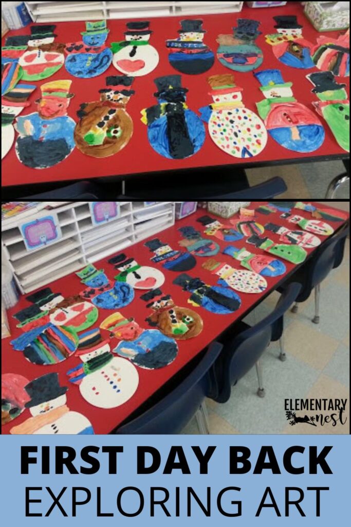 Student artwork of painted snowmen displayed on a classroom table for a winter themed first day back activity.