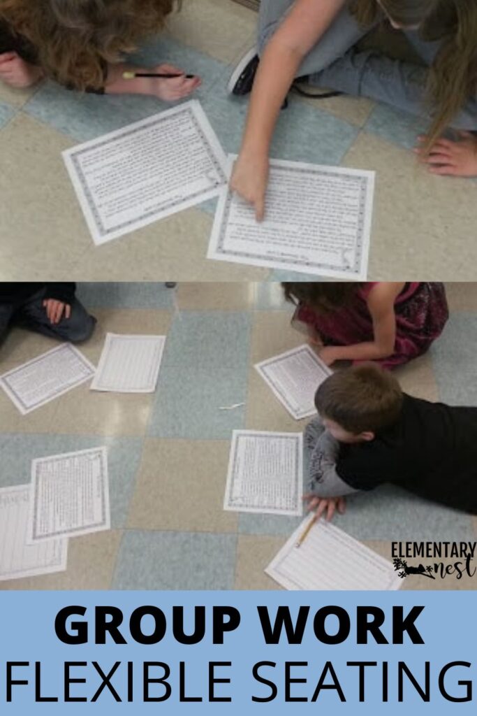 Students use flexible seating on the classroom floor to complete group reading and discussion tasks after winter break.
