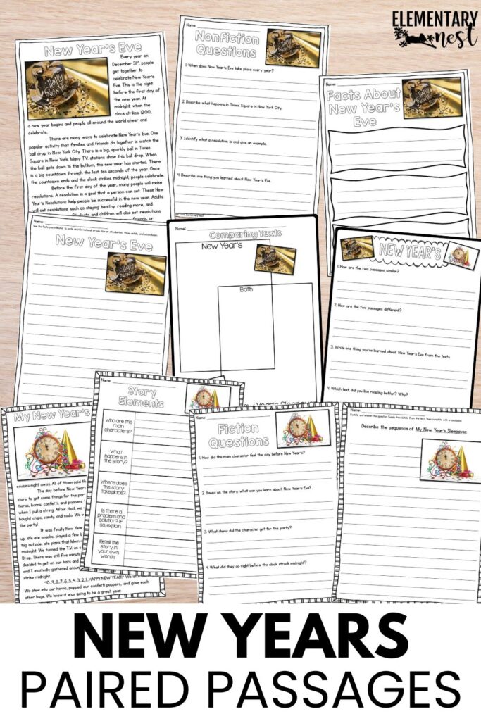 New years paired passages for elementary students showing nonfiction and fiction reading texts, comprehension questions, and graphic organizers laid out on a wooden surface.