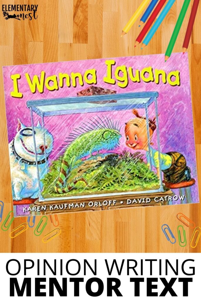 8 Best Mentor Texts for Opinion Writing Cover of the picture book “I Wanna Iguana” used to teach opinion writing with reasons and persuasive language.