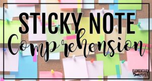 Sticky note reading comprehension activities displayed on a classroom bulletin board, showing how sticky notes can be used to support elementary reading comprehension strategies.