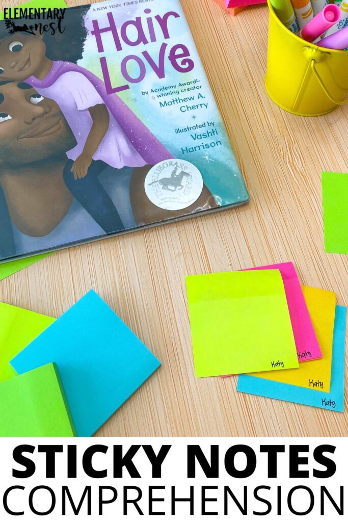 No-Prep Reading Comprehension with Sticky Notes Children’s book with sticky notes placed inside the text to show student responses during an elementary reading comprehension lesson.