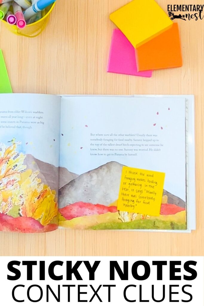 No-Prep Reading Comprehension with Sticky Notes Sticky note used for context clues and vocabulary strategies during an elementary reading comprehension lesson.