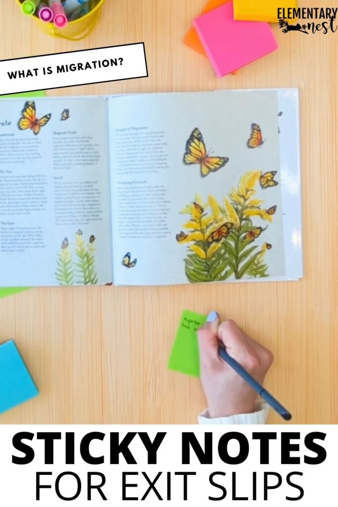No-Prep Reading Comprehension with Sticky Notes Student writing on a sticky note exit slip to respond to a reading comprehension question during an elementary ELA lesson.