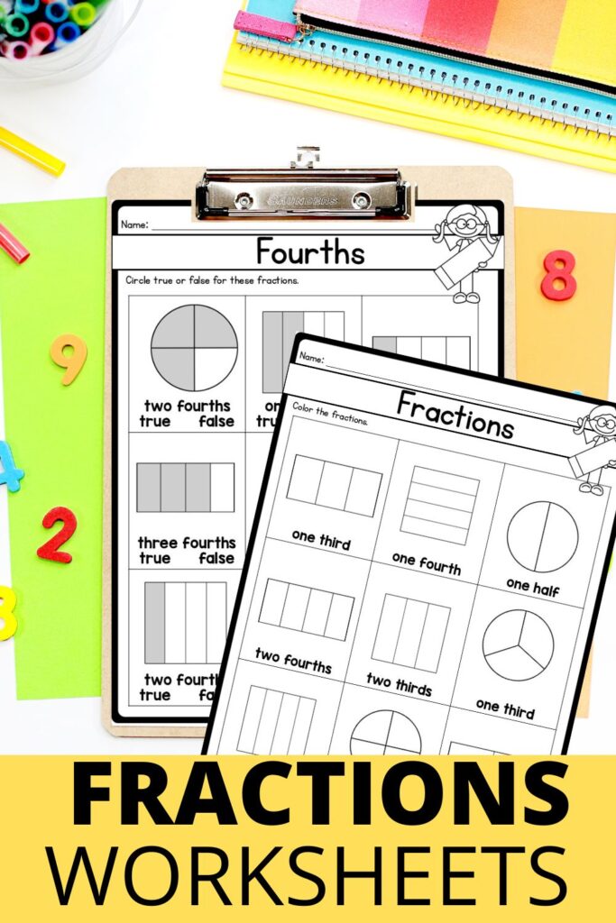 Fractions worksheets for elementary students practicing one half one third one fourth and equal parts