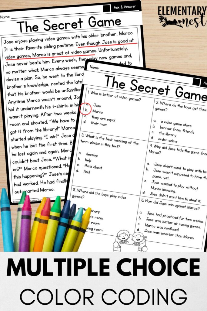 Multiple choice color coding strategy to help students eliminate wrong answers and find evidence