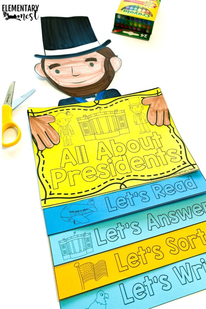 Presidents’ Day flip book activity for elementary students with reading and writing components