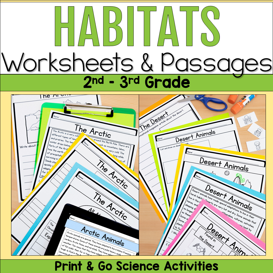Habitats worksheets and reading passages for 2nd and 3rd grade featuring Arctic and desert activities with printable science pages.