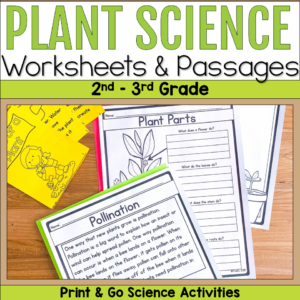 Plant science worksheets and reading passages for 2nd and 3rd grade featuring plant parts, pollination reading passage, and printable science activities.