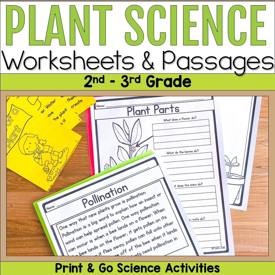 Plant science worksheets and reading passages for 2nd and 3rd grade featuring plant parts, pollination reading passage, and printable science activities.