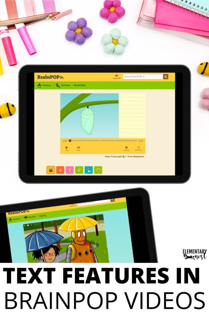 students learning text features using BrainPop videos on tablets during spring science activities
