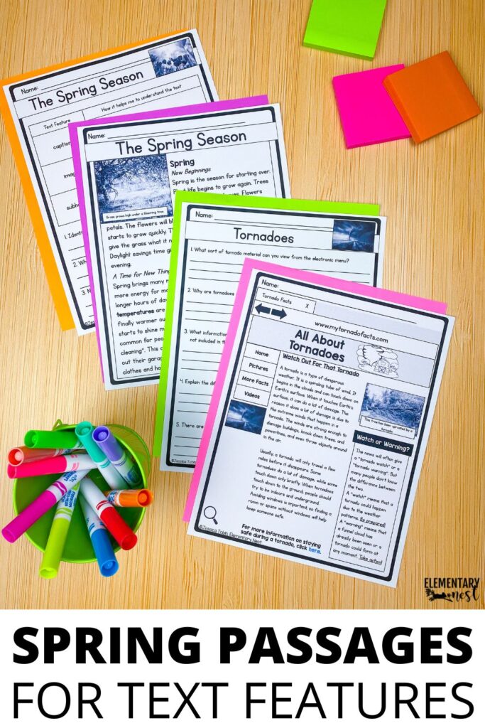 spring nonfiction passages with text features activities including tornadoes and seasonal topics for elementary students