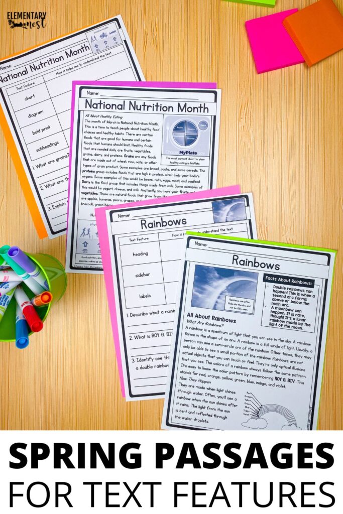 spring reading passages with text features worksheets including headings diagrams and sidebars for elementary students