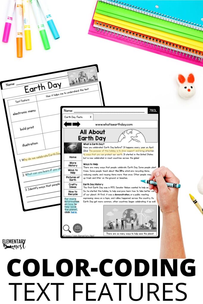 color coding text features activity using earth day reading passage for elementary students
