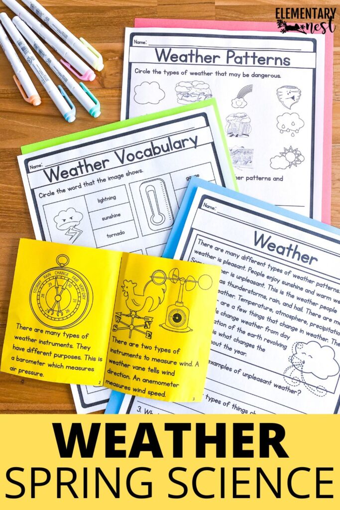 Weather worksheets and activities for 1st and 2nd grade spring science lessons on weather patterns and vocabulary