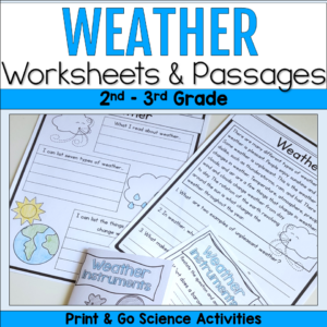 Weather worksheets and reading passages for 2nd and 3rd grade featuring weather instruments, comprehension pages, and printable science activities.