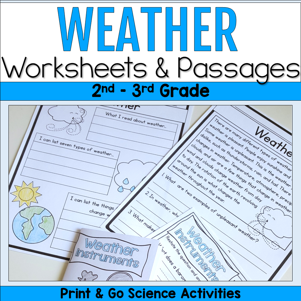 Weather worksheets and reading passages for 2nd and 3rd grade featuring weather instruments, comprehension pages, and printable science activities.