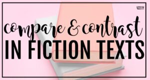 compare and contrast in fiction texts for elementary students with stacked books background