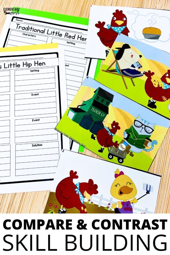 compare and contrast worksheets and picture cards for fiction stories with graphic organizers for elementary students