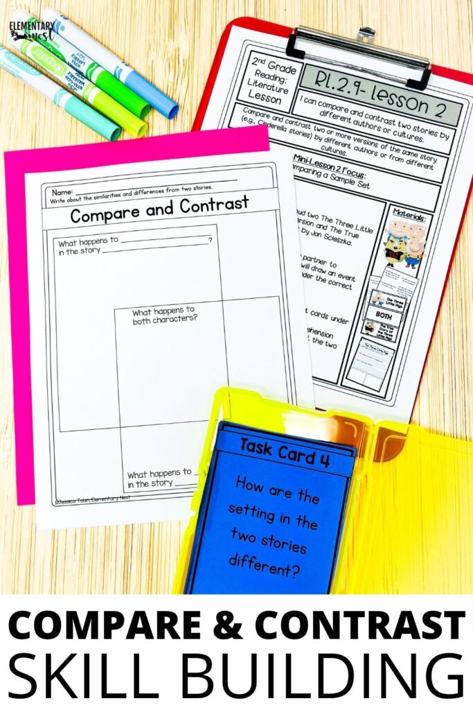 compare and contrast worksheets task cards and lesson plans for fiction texts in elementary reading