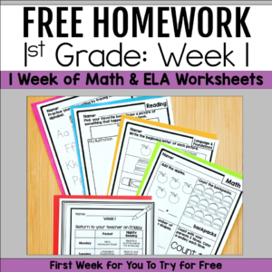 Free 1st grade homework sample featuring one week of math and ELA worksheets for elementary students.