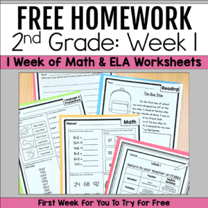 Free 2nd grade homework sample featuring one week of math and ELA worksheets for daily home practice.
