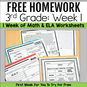 Free 3rd grade homework sample featuring one week of math and ELA worksheets for upper elementary students.