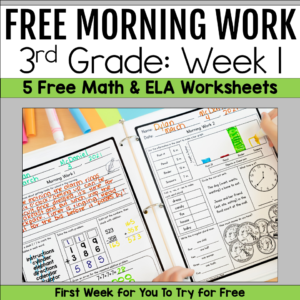 Free 3rd grade morning work sample featuring five printable math and ELA worksheets for daily review.