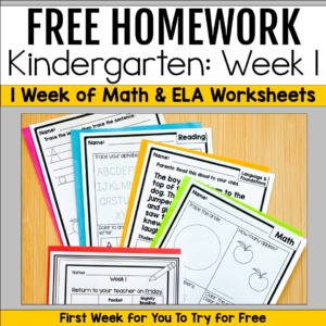 Free kindergarten homework sample featuring one week of math and ELA worksheets for early learners.
