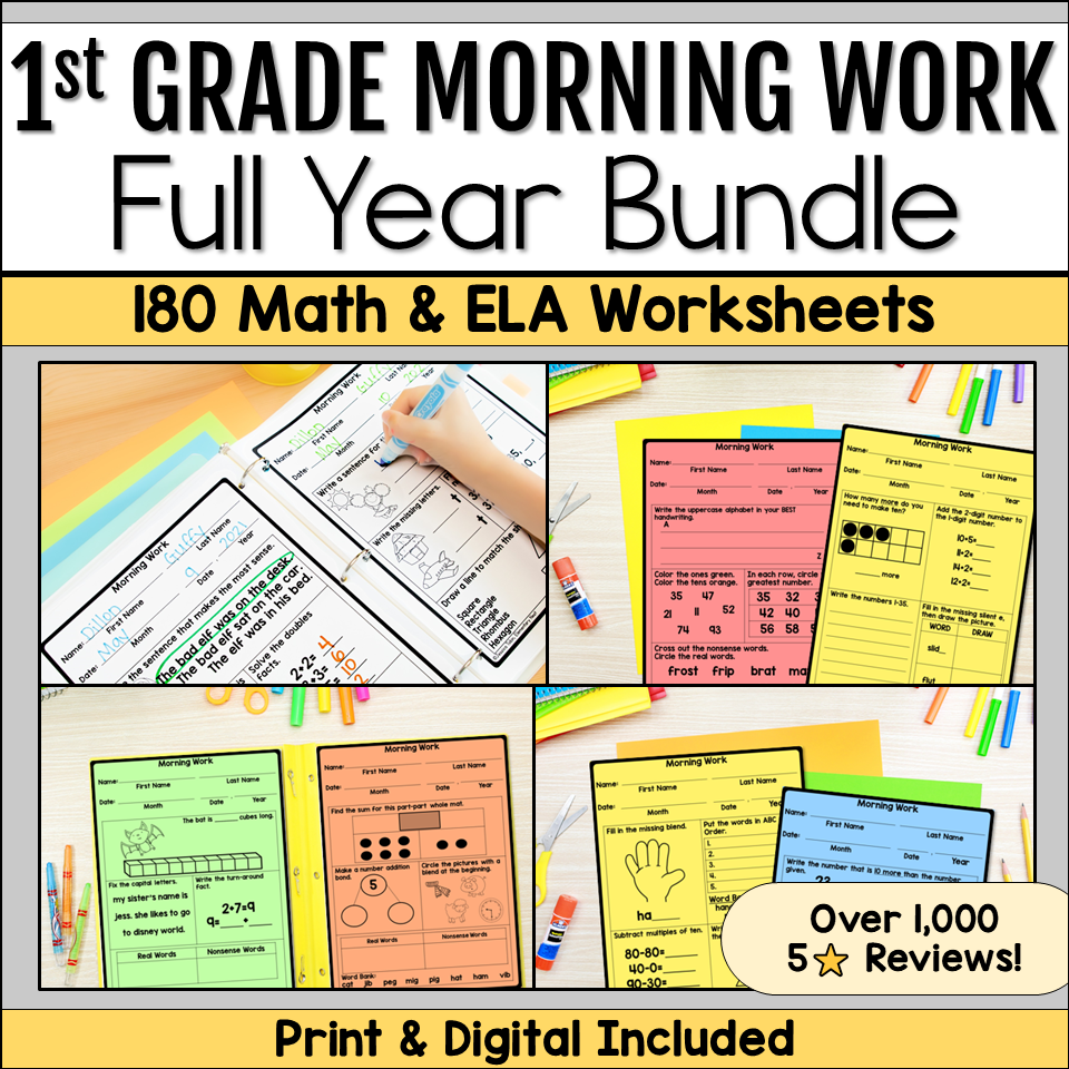 1st Grade Morning Work bundle with 180 daily math and ELA worksheets, spiral review, printable morning work, digital activities, and independent seat work for first grade.