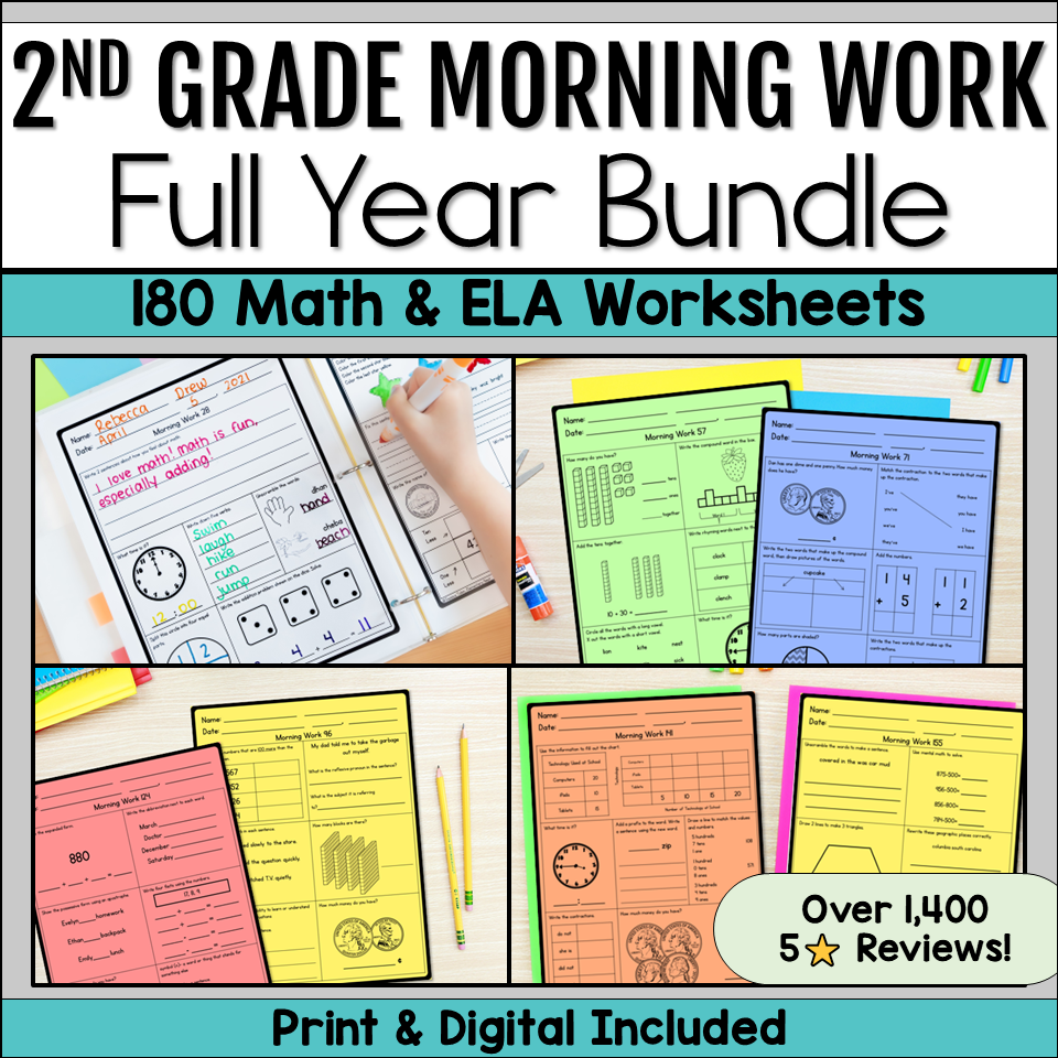2nd Grade Morning Work bundle with 180 daily math and ELA worksheets, spiral review, printable morning work, digital activities, and independent practice for second grade.