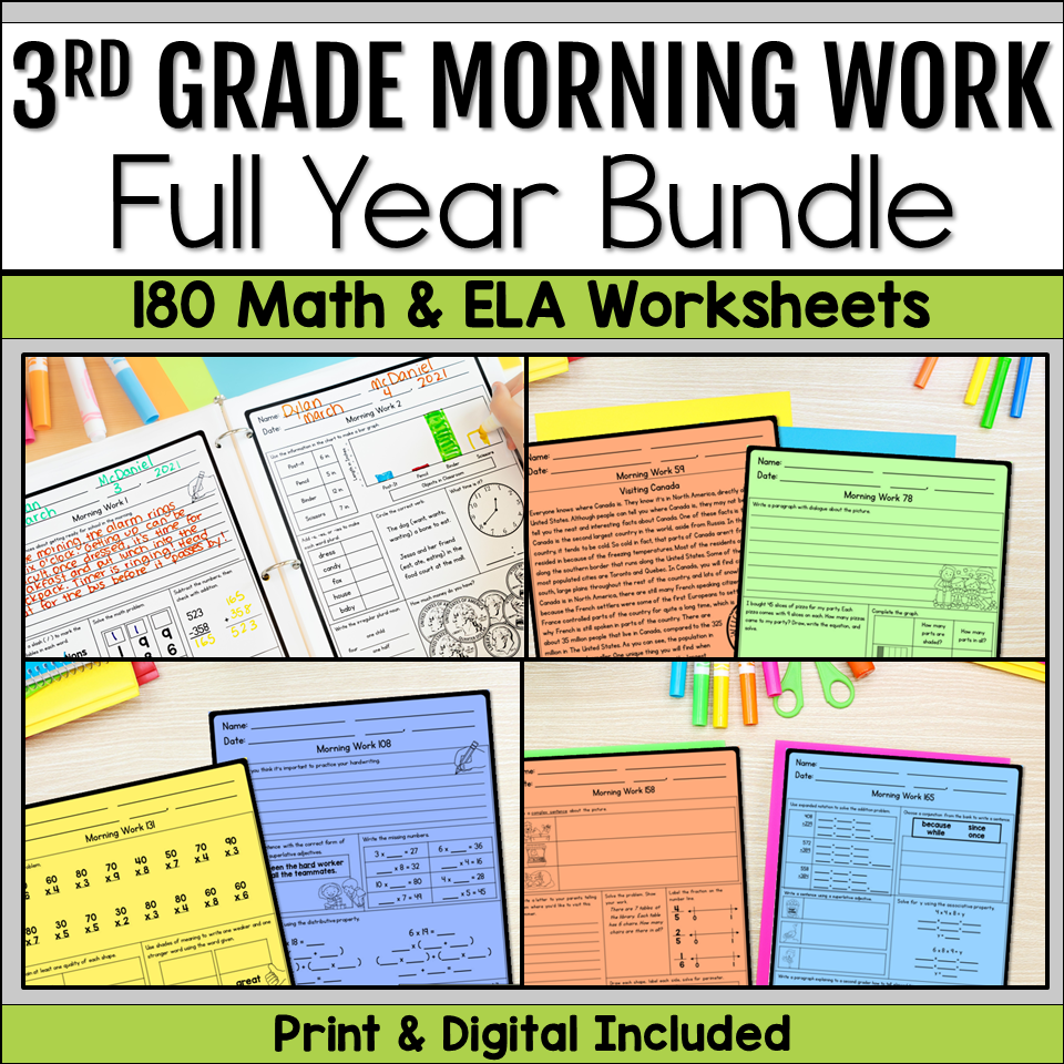 3rd Grade Morning Work bundle with 180 daily math and ELA worksheets, spiral review, printable morning work, digital activities, and independent practice for third grade.
