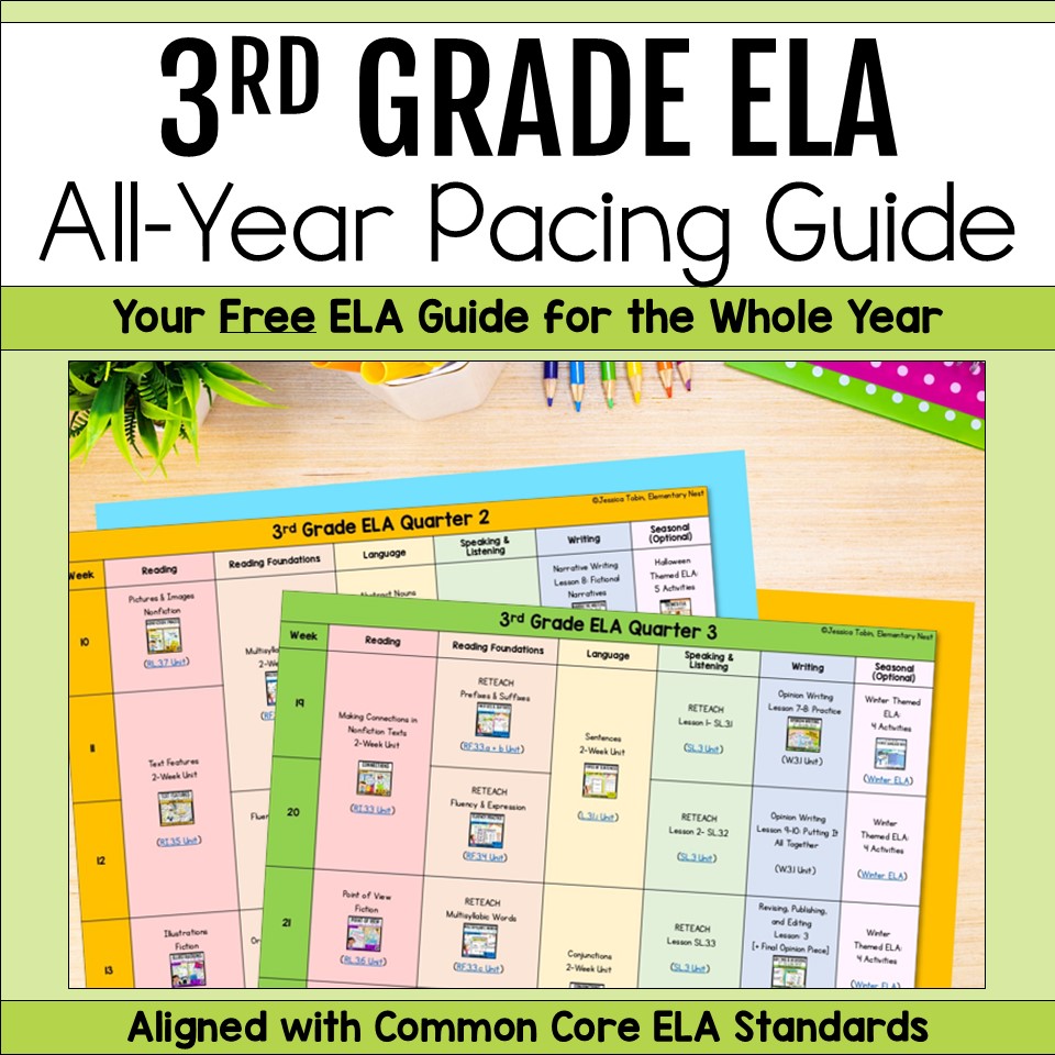 5 Easy Steps to Mastering ELA Weekly Lesson Planning Free 3rd grade ELA pacing guide with a yearlong Common Core scope and sequence for reading, writing, grammar, vocabulary, and literacy instruction.