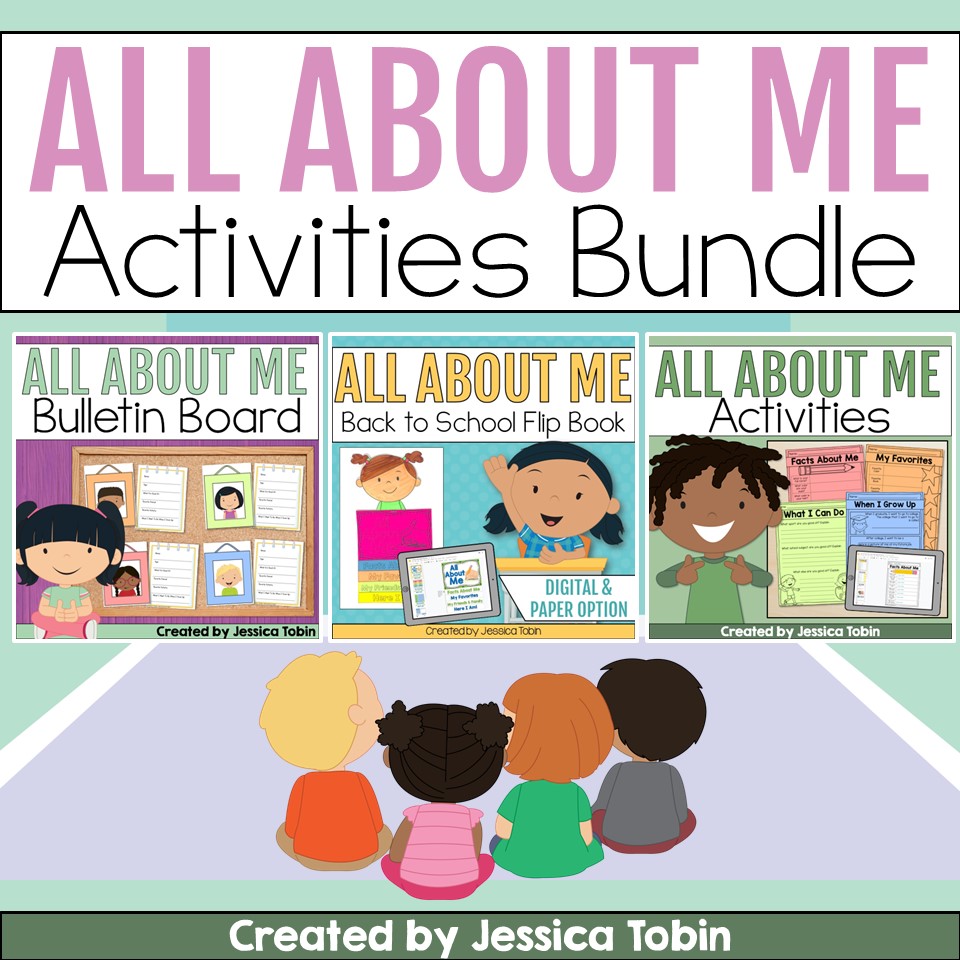 Create a Welcoming Classroom Community Environment in 7 Easy Steps All About Me activities bundle featuring bulletin board templates, flip books, writing activities, and back-to-school getting-to-know-you resources.