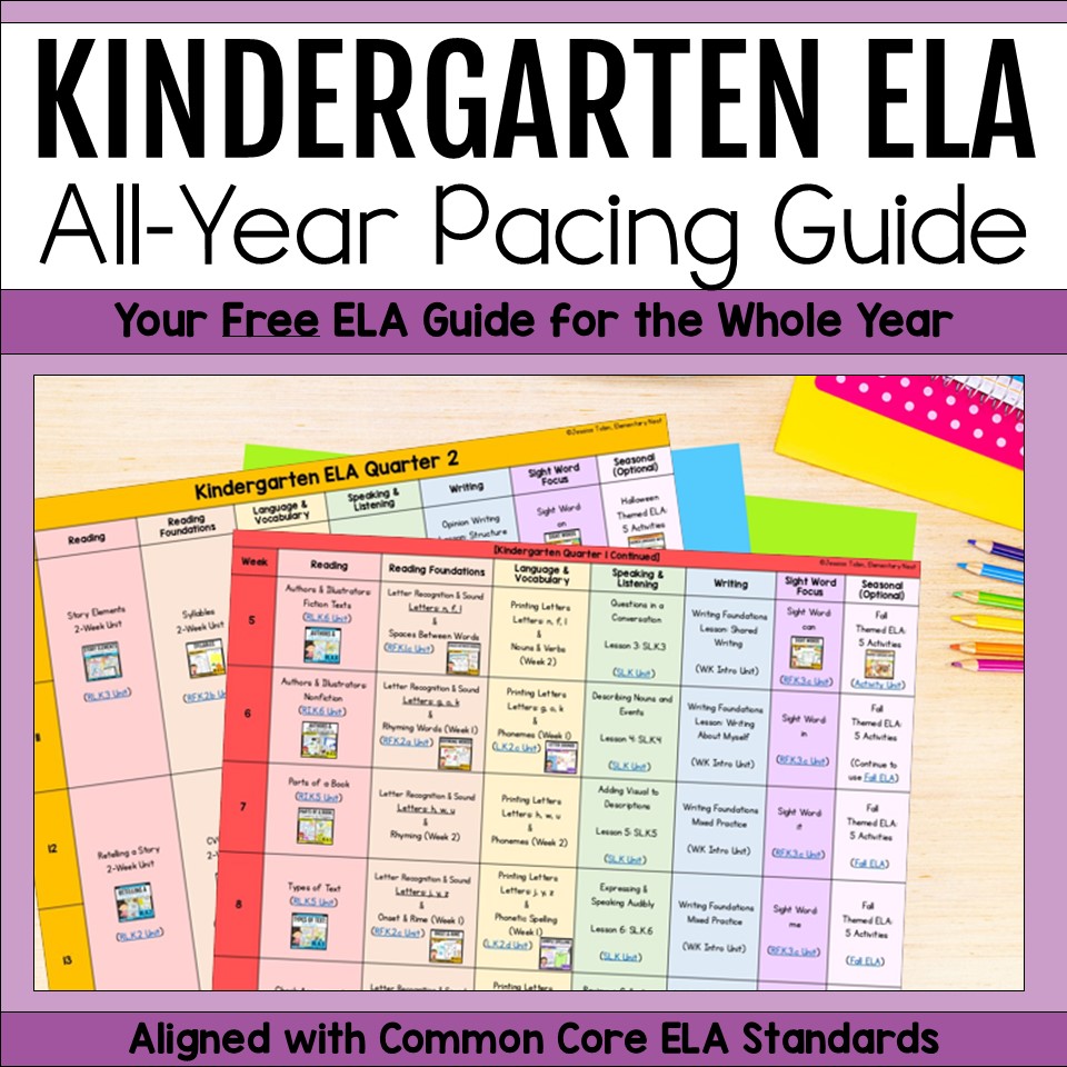 5 Easy Steps to Mastering ELA Weekly Lesson Planning Free kindergarten ELA pacing guide with a full-year Common Core scope and sequence for reading, writing, phonics, language, and speaking and listening.