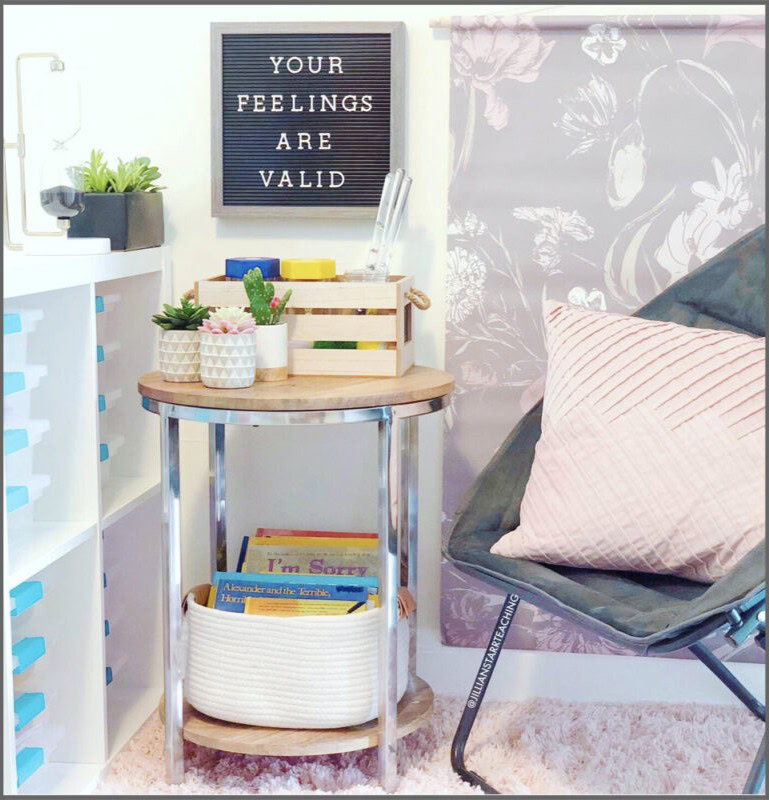 Create a Welcoming Classroom Community Environment in 7 Easy Steps Elementary classroom calming corner with social-emotional learning books, flexible seating, and a safe space for emotional regulation and self-calming.